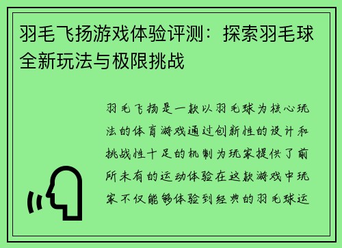 羽毛飞扬游戏体验评测：探索羽毛球全新玩法与极限挑战